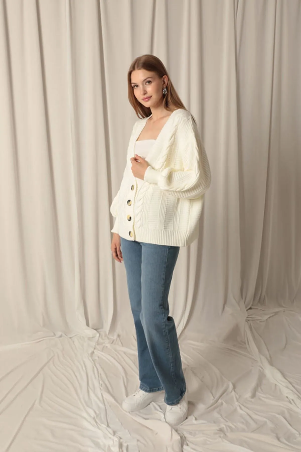 KKT Women's Ecru Cardigan with Knitwear Fabric Knit Detail - Marburg