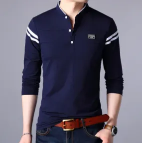 KnitMax - Heren Lange Mouw Henley Shirt met Gestreept Schouderdetail, Casual Slim Fit Top