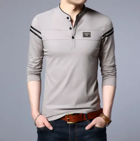 KnitMax - Heren Lange Mouw Henley Shirt met Gestreept Schouderdetail, Casual Slim Fit Top