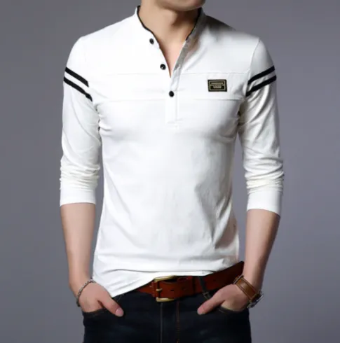 KnitMax - Heren Lange Mouw Henley Shirt met Gestreept Schouderdetail, Casual Slim Fit Top