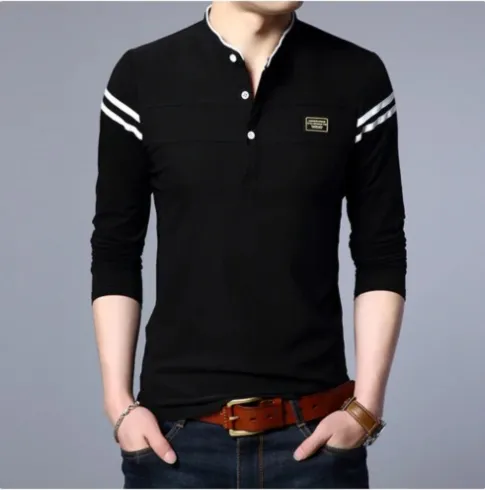 KnitMax - Heren Lange Mouw Henley Shirt met Gestreept Schouderdetail, Casual Slim Fit Top