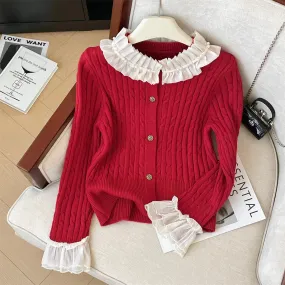 Lace Collar Beaded Pleated Cardigan