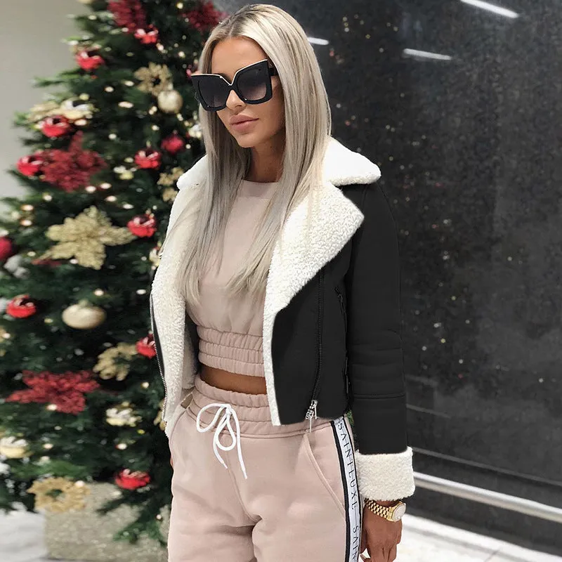 Lapel Collar Zipper Solid Color Women Short Cropped Jacket Coat