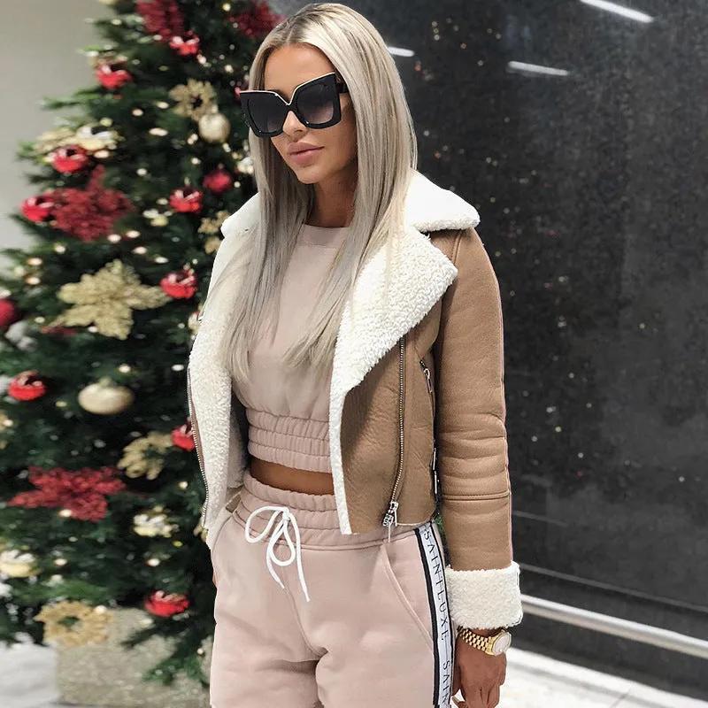 Lapel Collar Zipper Solid Color Women Short Cropped Jacket Coat