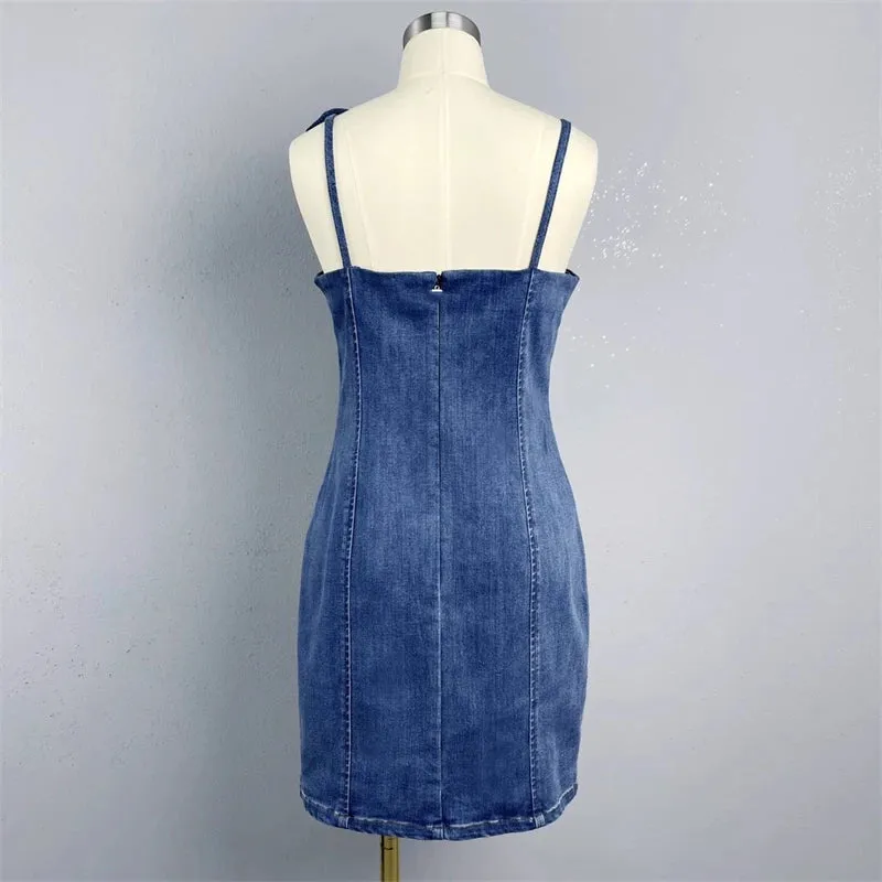 LVSANW 3D three-dimensional flower decorated denim suspender dress 2024 summer new high quality pure cotton retro washed mini skirt