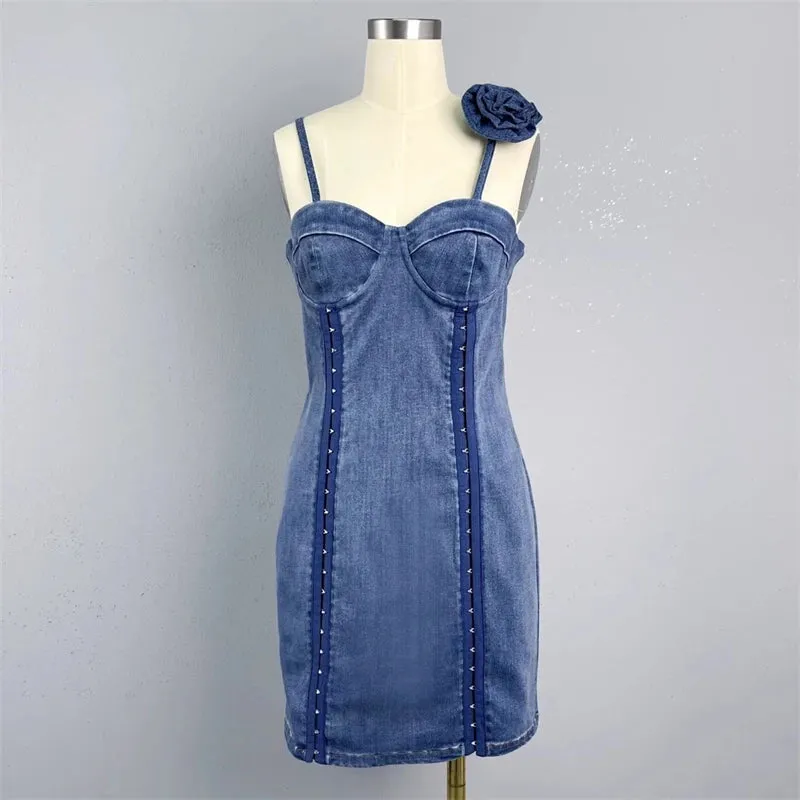 LVSANW 3D three-dimensional flower decorated denim suspender dress 2024 summer new high quality pure cotton retro washed mini skirt