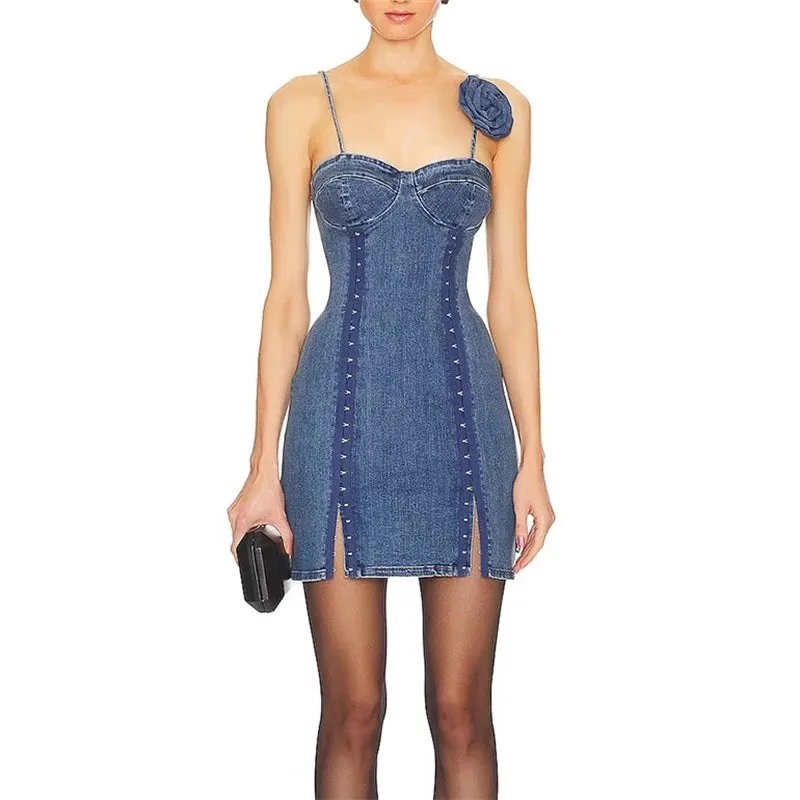 LVSANW 3D three-dimensional flower decorated denim suspender dress 2024 summer new high quality pure cotton retro washed mini skirt