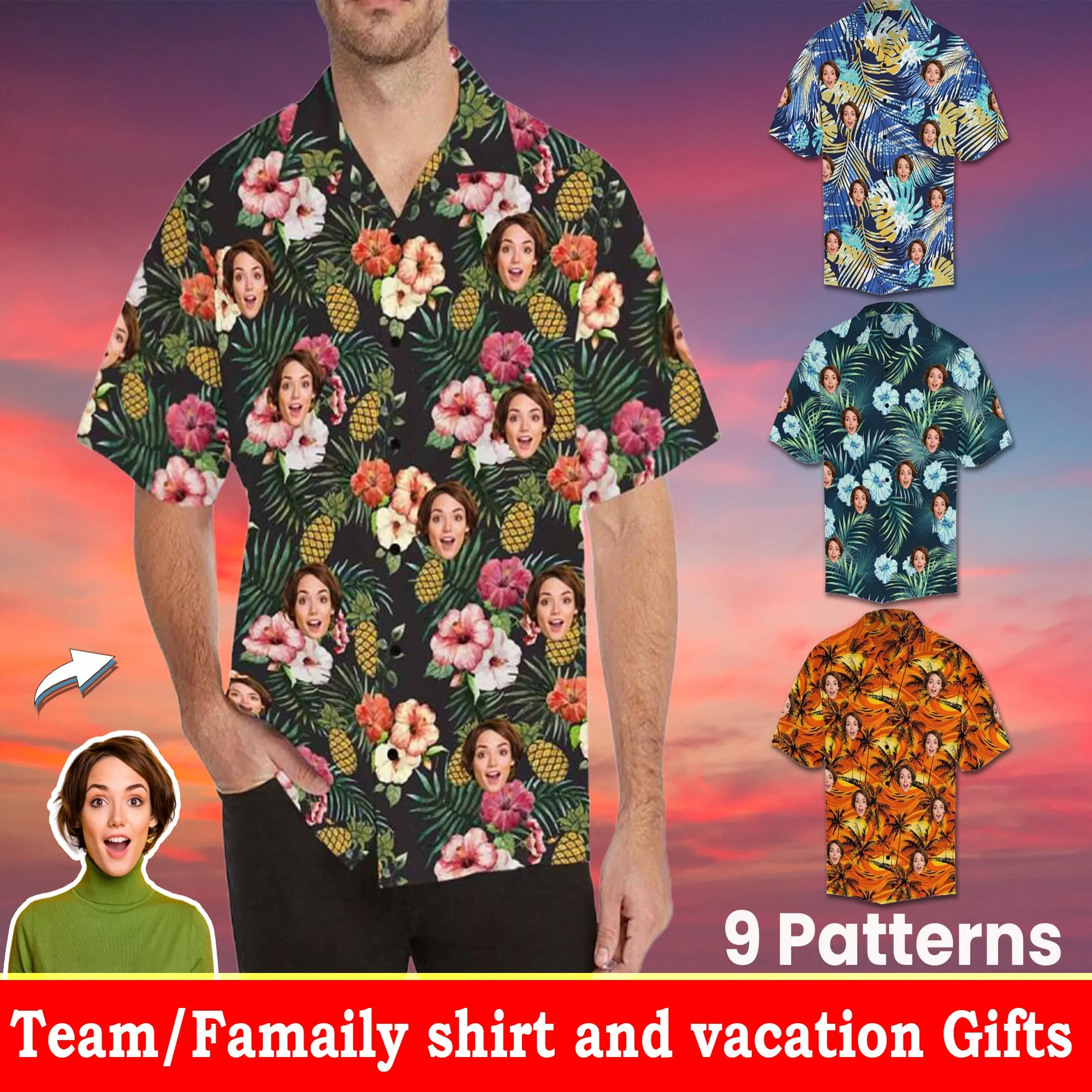 Men Aloha Shirts with Face Hawaiian Shirt Personalized Dog Face Tropical Flamingo Pineapple pattern Shirt for Team Birthday Anniversary Gift Bachelor Party