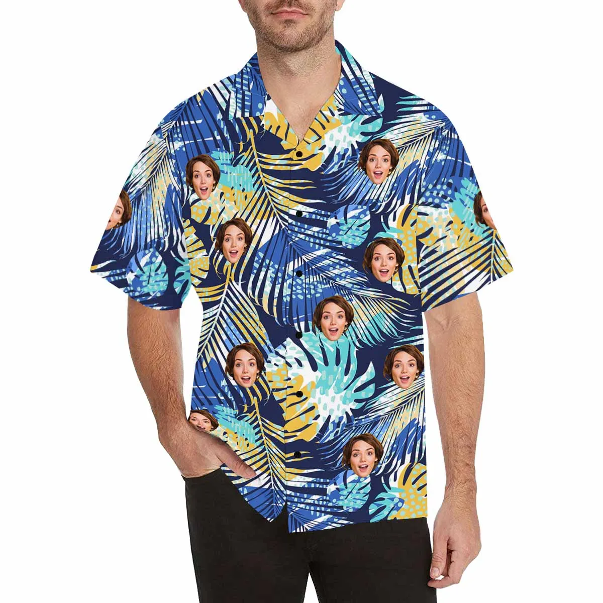 Men Aloha Shirts with Face Hawaiian Shirt Personalized Dog Face Tropical Flamingo Pineapple pattern Shirt for Team Birthday Anniversary Gift Bachelor Party