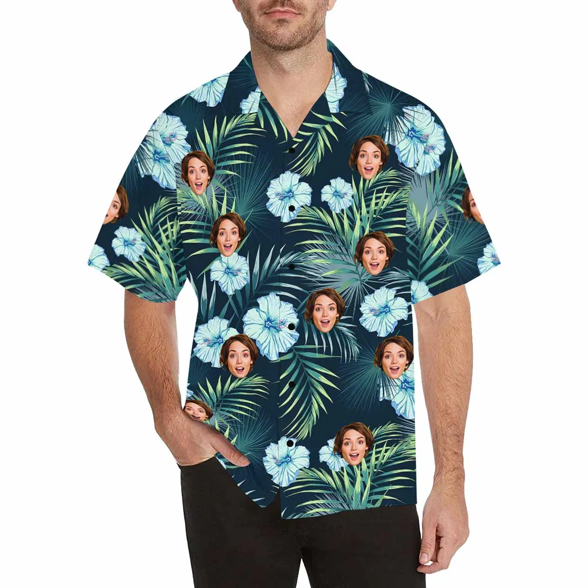 Men Aloha Shirts with Face Hawaiian Shirt Personalized Dog Face Tropical Flamingo Pineapple pattern Shirt for Team Birthday Anniversary Gift Bachelor Party
