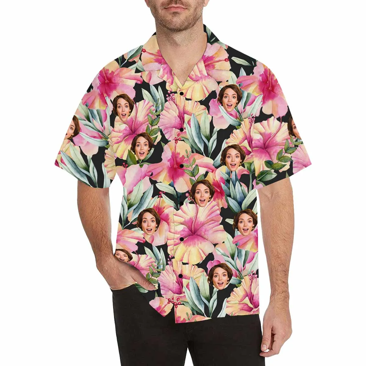 Men Aloha Shirts with Face Hawaiian Shirt Personalized Dog Face Tropical Flamingo Pineapple pattern Shirt for Team Birthday Anniversary Gift Bachelor Party