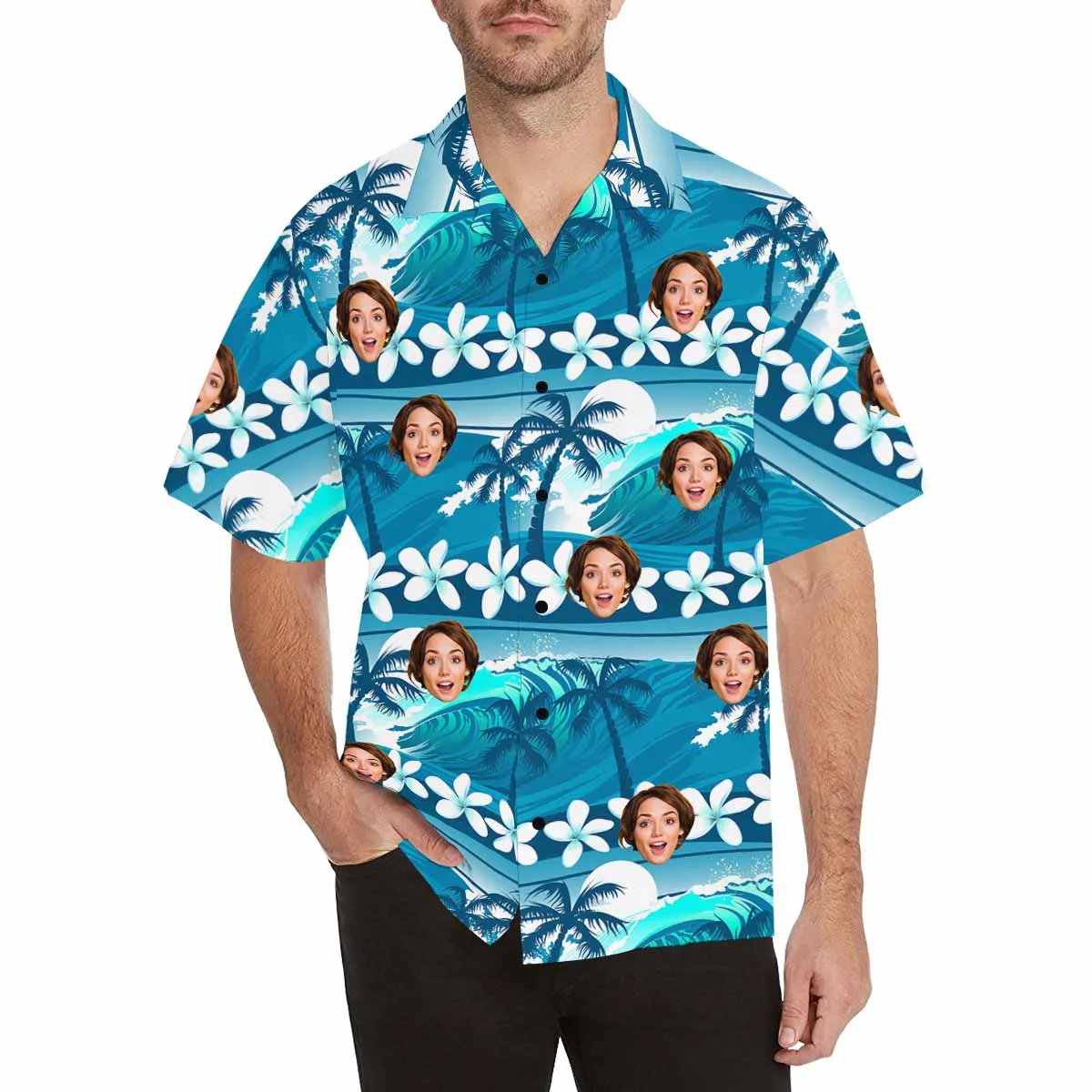 Men Aloha Shirts with Face Hawaiian Shirt Personalized Dog Face Tropical Flamingo Pineapple pattern Shirt for Team Birthday Anniversary Gift Bachelor Party