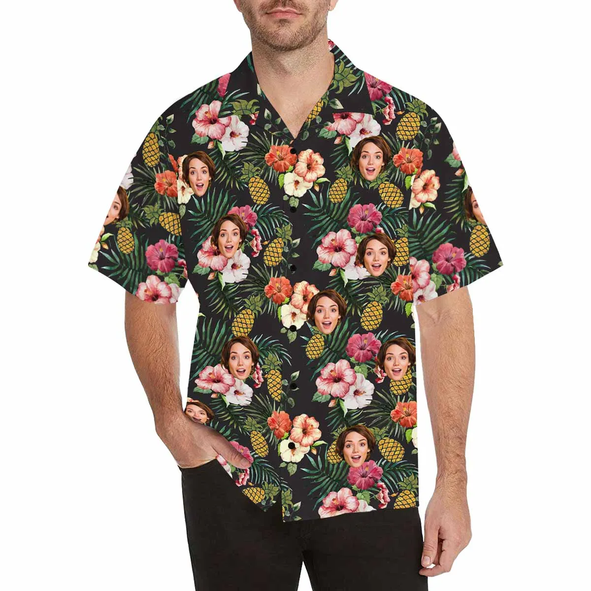 Men Aloha Shirts with Face Hawaiian Shirt Personalized Dog Face Tropical Flamingo Pineapple pattern Shirt for Team Birthday Anniversary Gift Bachelor Party
