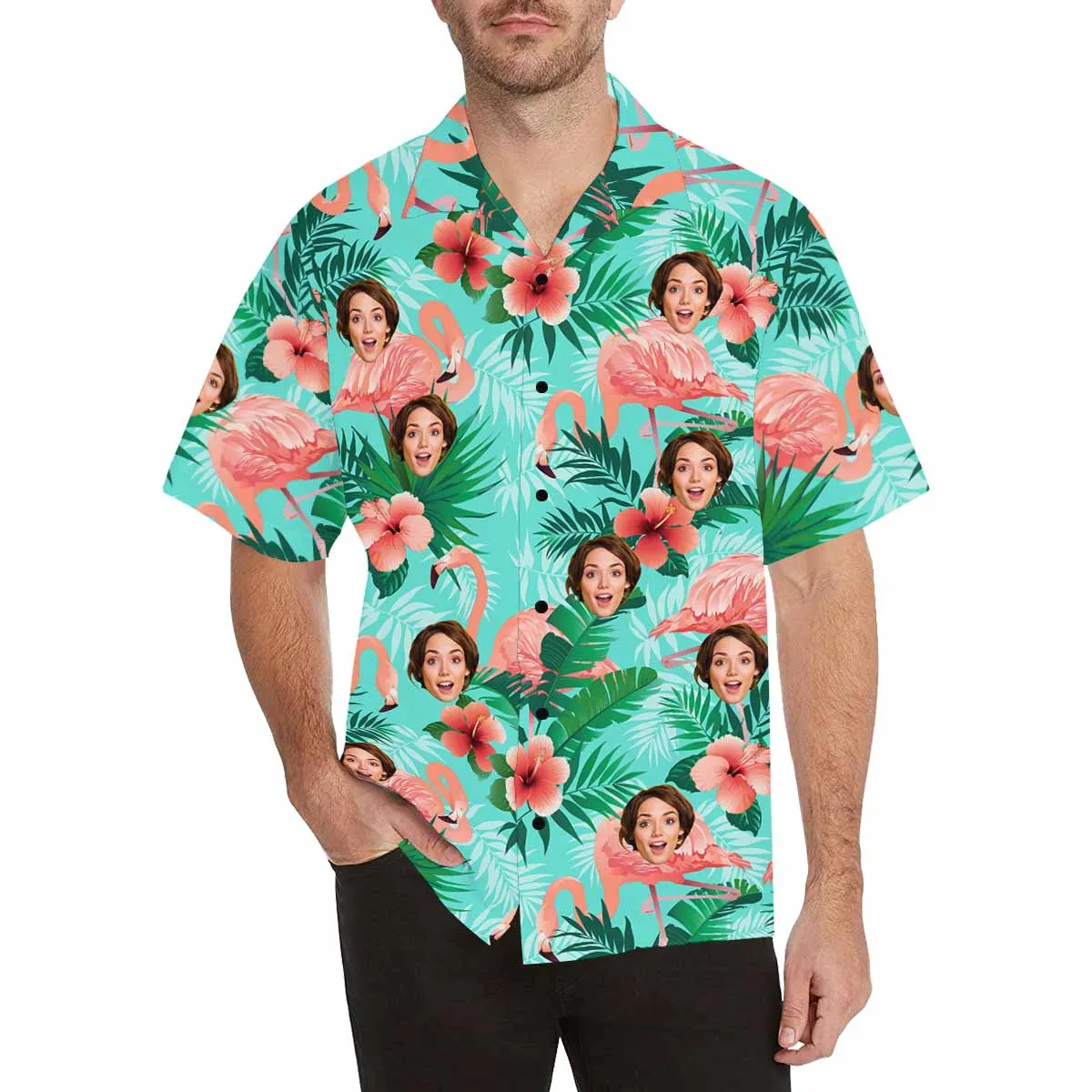 Men Aloha Shirts with Face Hawaiian Shirt Personalized Dog Face Tropical Flamingo Pineapple pattern Shirt for Team Birthday Anniversary Gift Bachelor Party