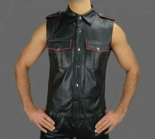 Men's Black Genuine Leather Sleeveless Shirt