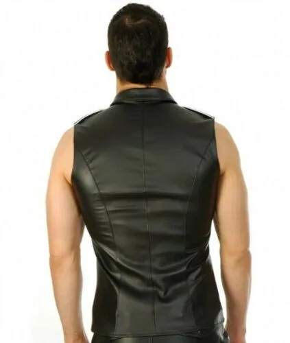 Men's Black Genuine Leather Sleeveless Shirt