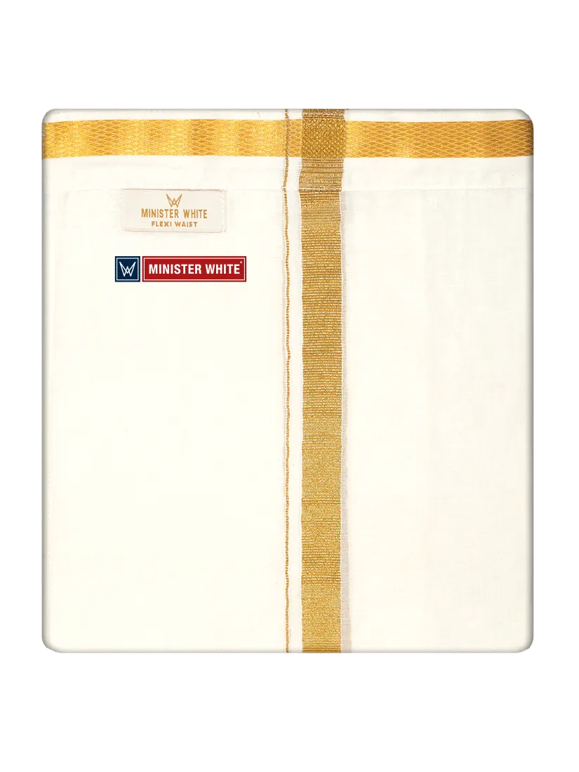 Mens Cotton Cream Single Layered with Gold Jari Velcro Pocket Dhoti - Trigger