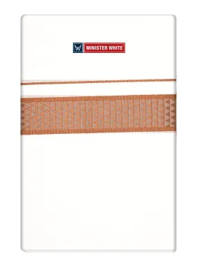 Mens Cotton White Single Layered Dhoti with Copper Jacquard Fancy Border - Saffron