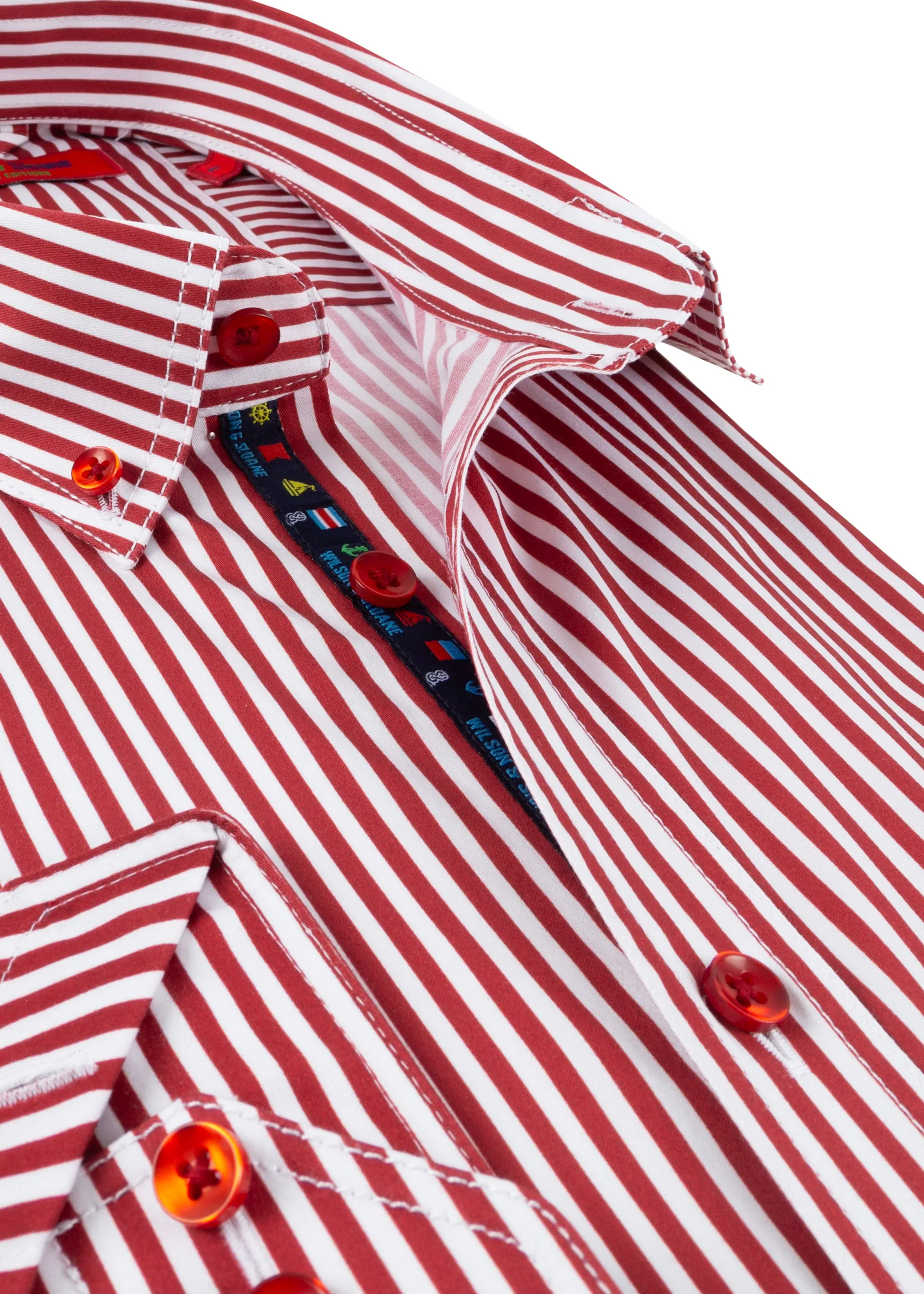 Men's Long Sleeve Red and White Bengal Stripe Shirt with Front Pocket