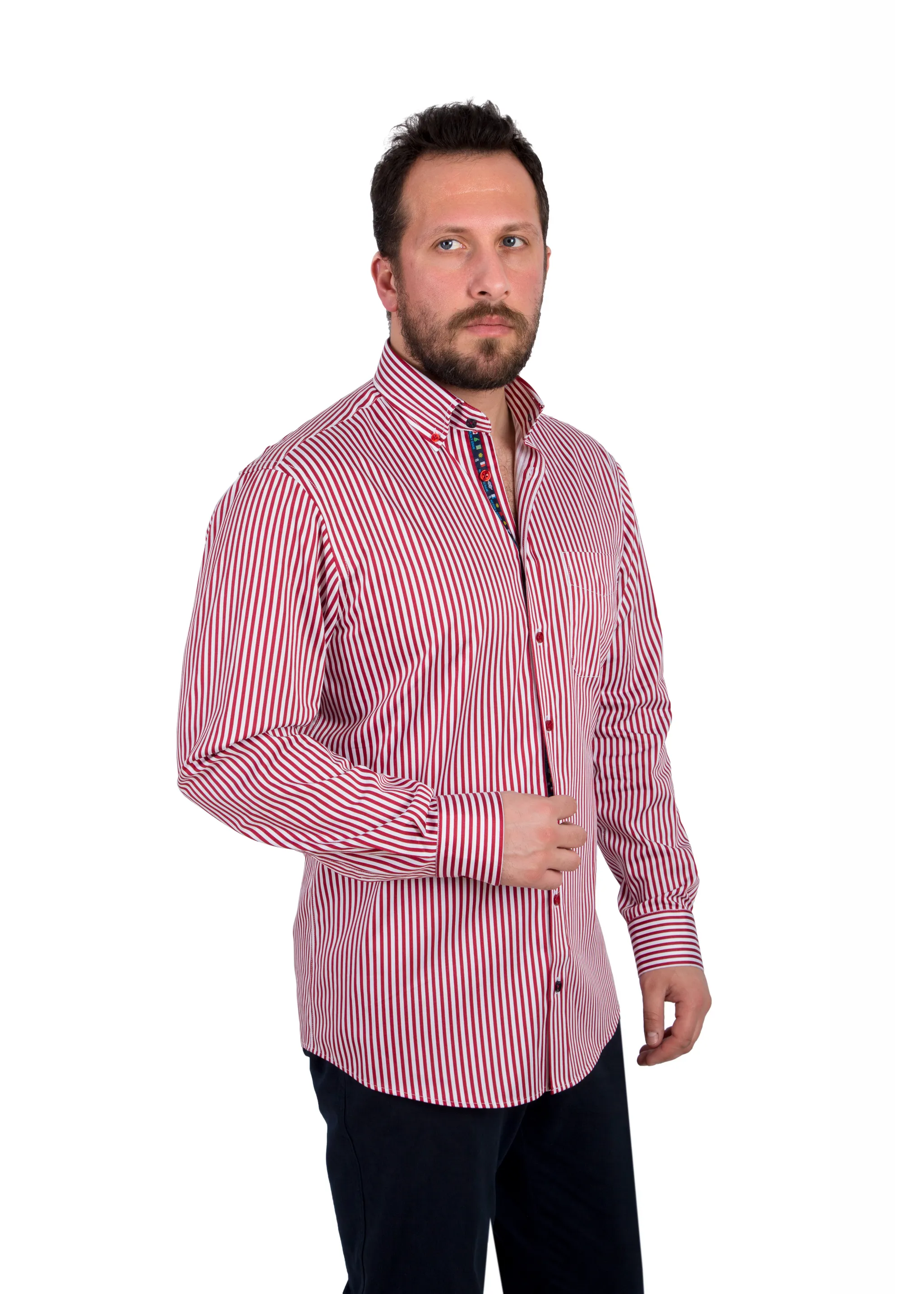 Men's Long Sleeve Red and White Bengal Stripe Shirt with Front Pocket