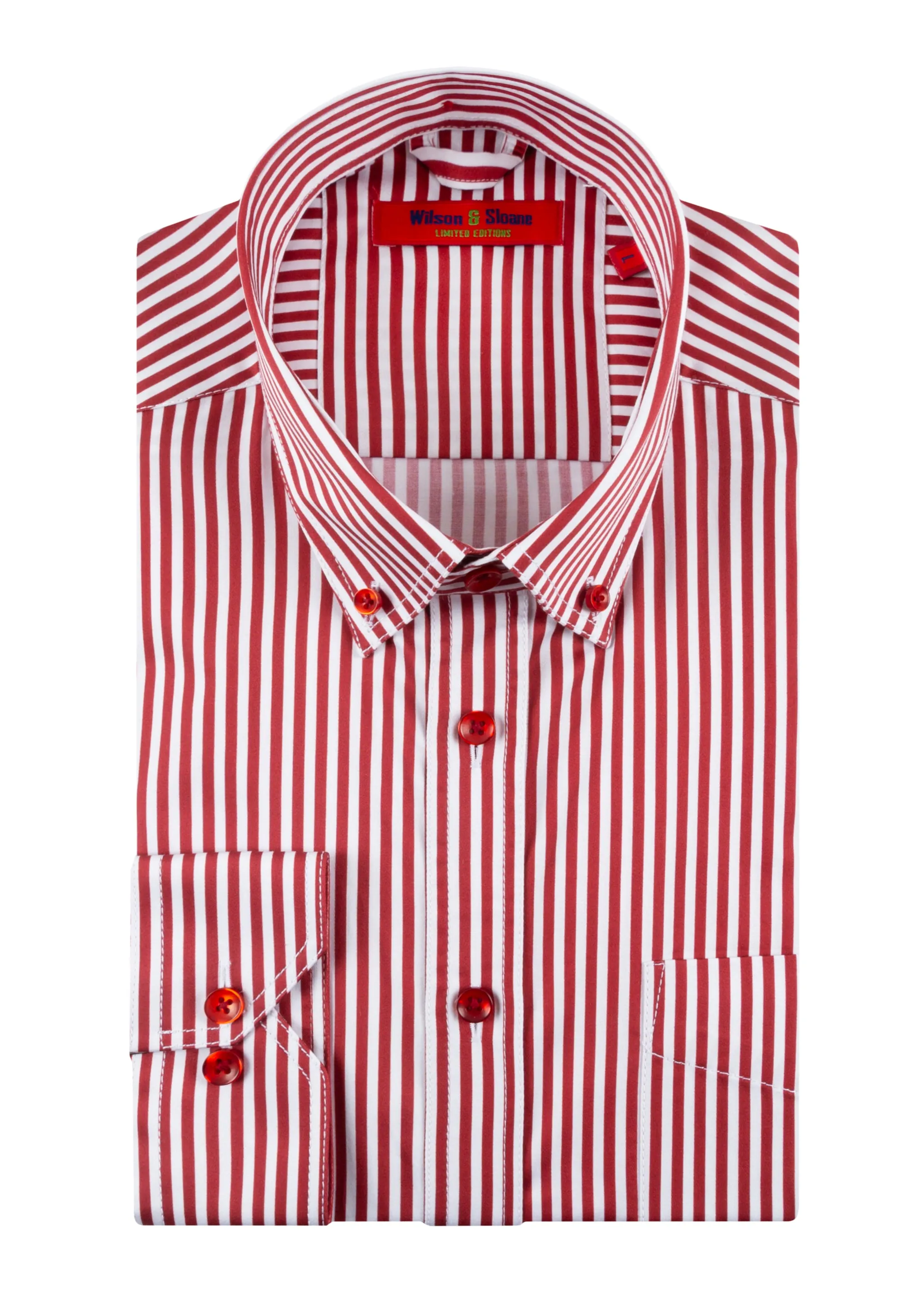 Men's Long Sleeve Red and White Bengal Stripe Shirt with Front Pocket