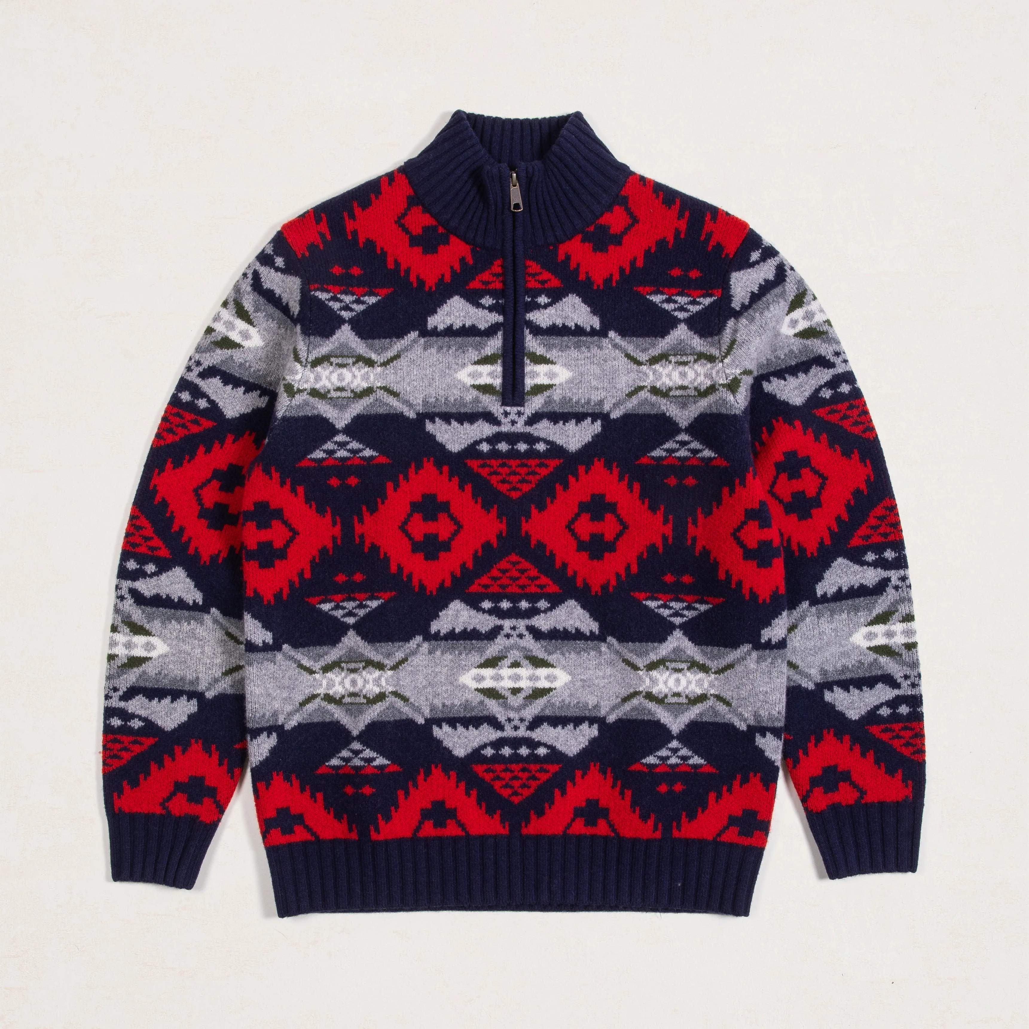 NEHALEM 1/4 ZIP WOOL SWEATER - NAVY/RED