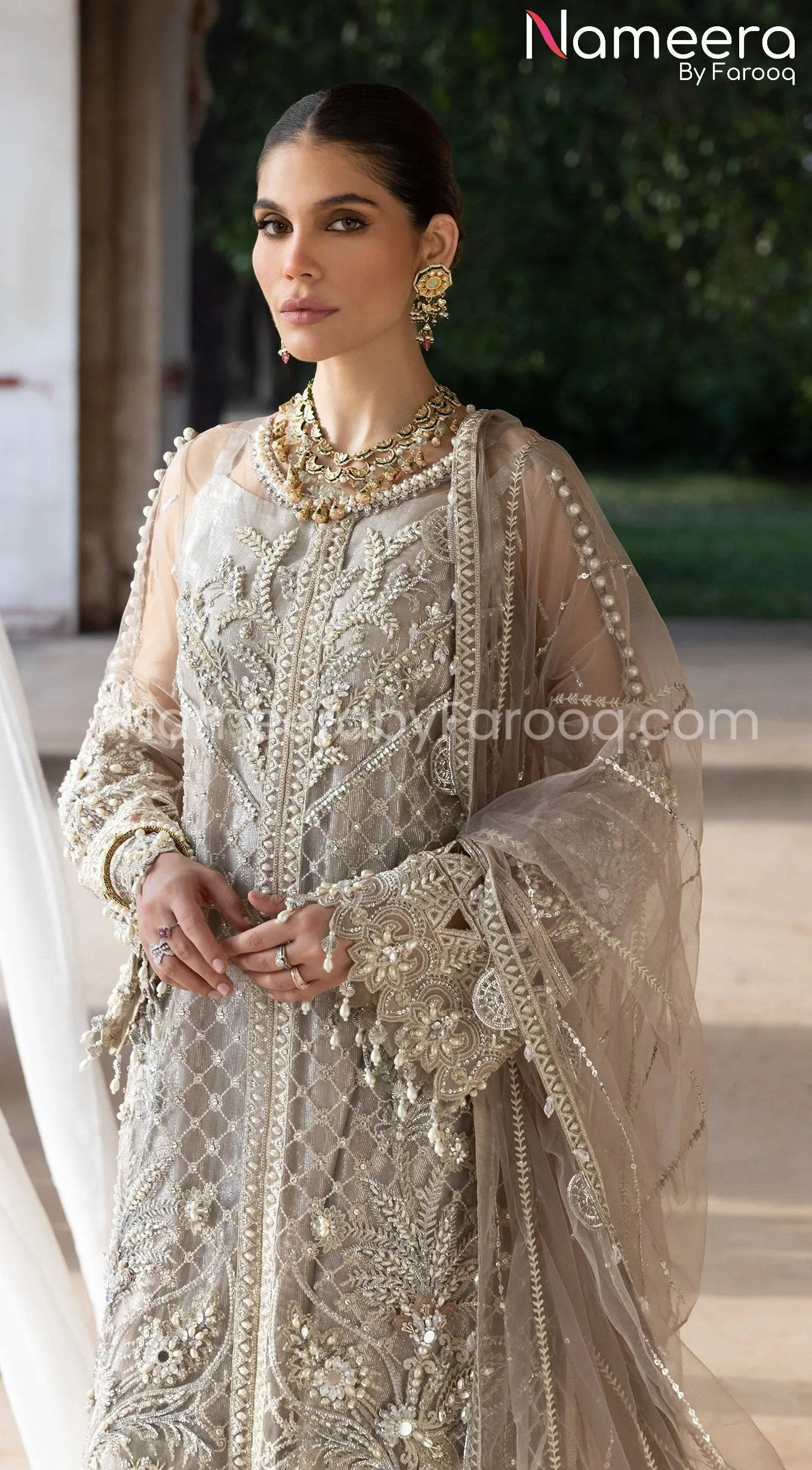 Pakistani Long Dress with Sharara in Grey Color #PF252