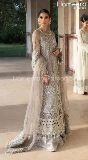 Pakistani Long Dress with Sharara in Grey Color #PF252