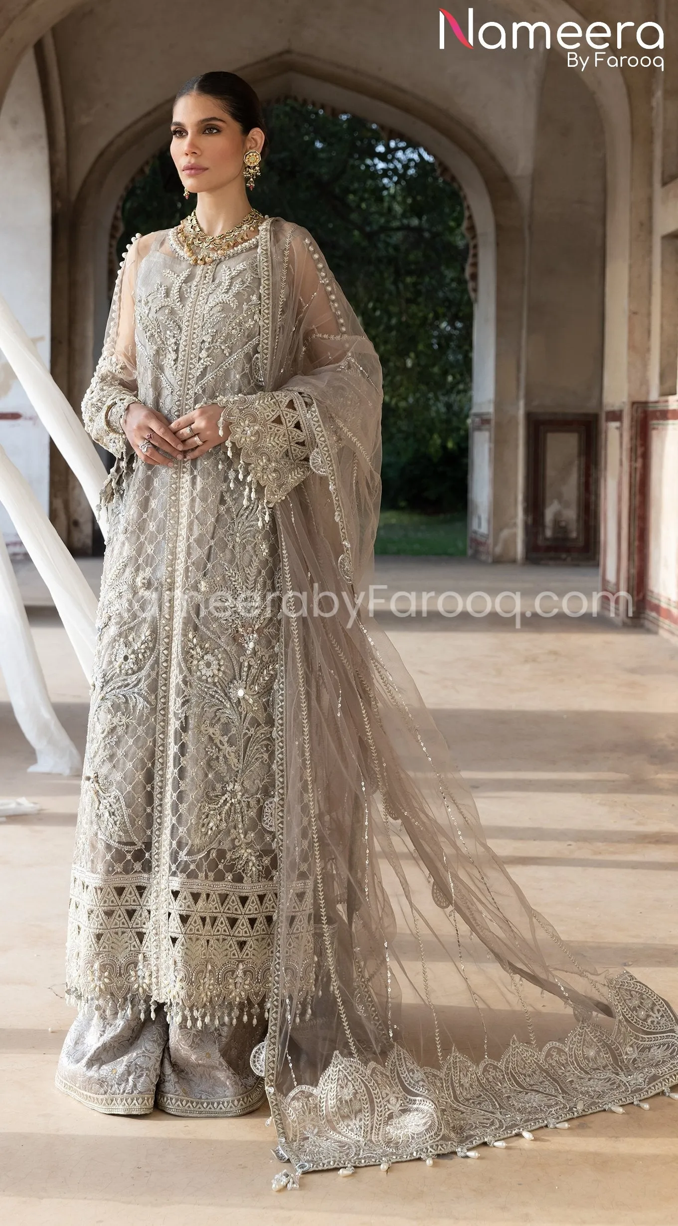 Pakistani Long Dress with Sharara in Grey Color #PF252