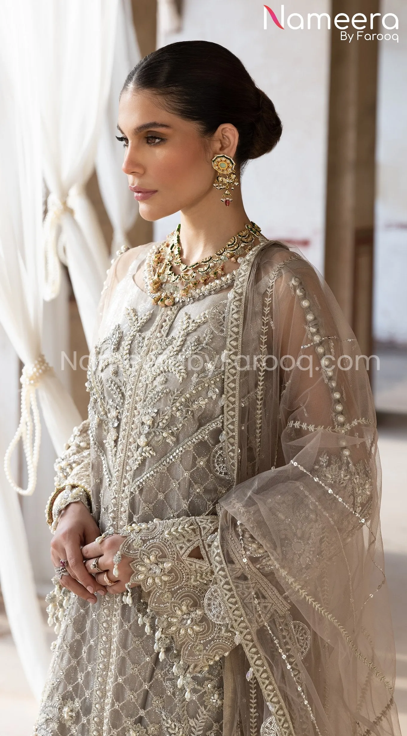 Pakistani Long Dress with Sharara in Grey Color #PF252
