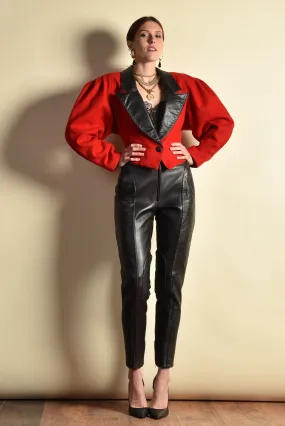 Paula 1980s Leather   Wool Gigot Sleeve Coat