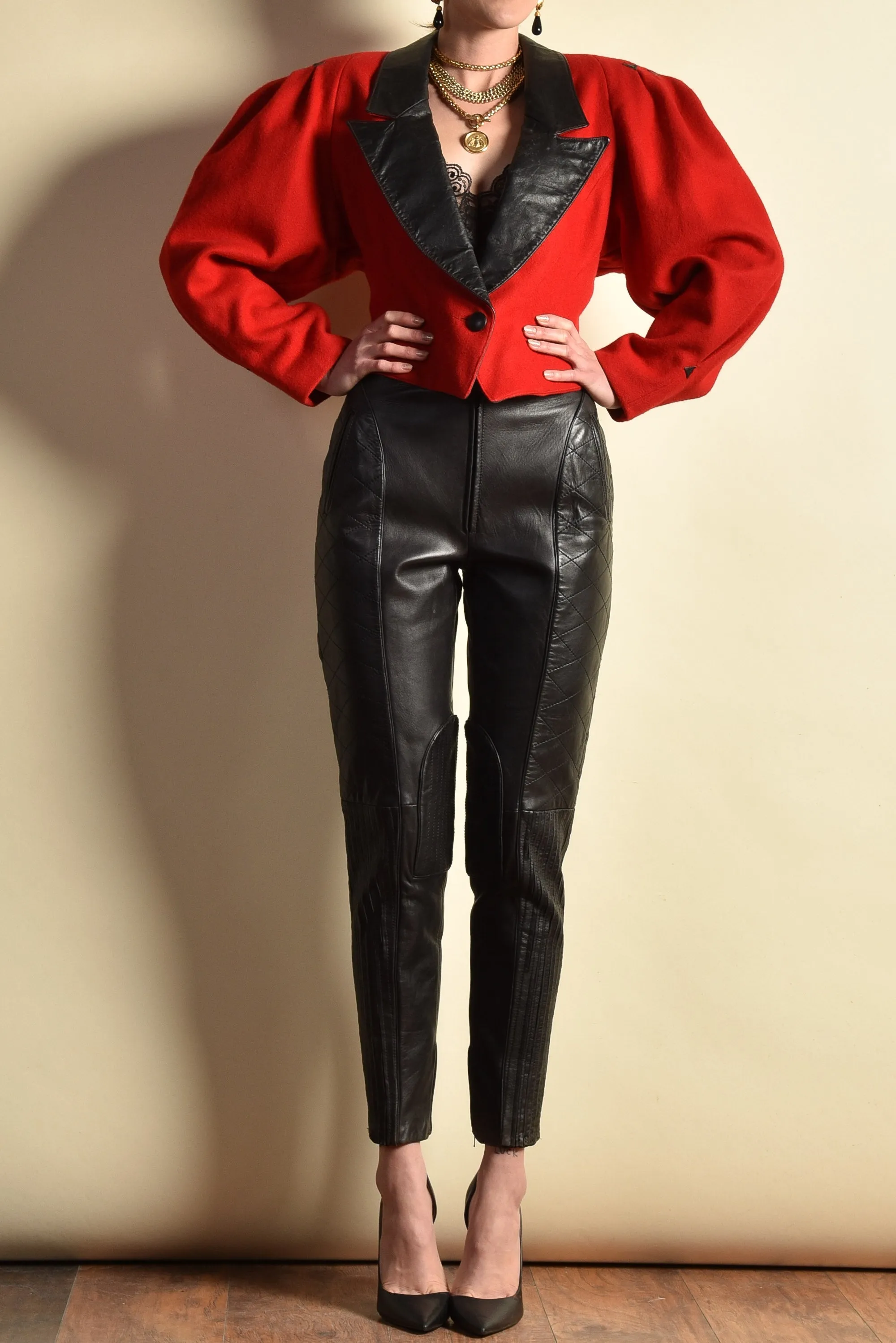 Paula 1980s Leather   Wool Gigot Sleeve Coat