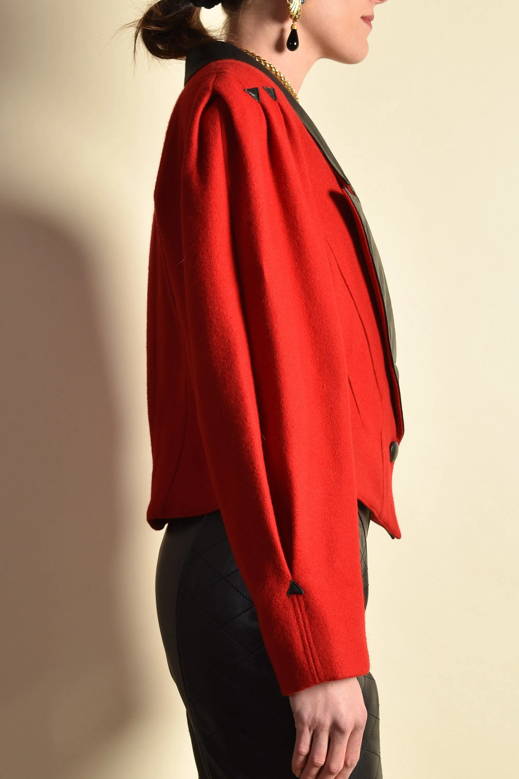 Paula 1980s Leather   Wool Gigot Sleeve Coat
