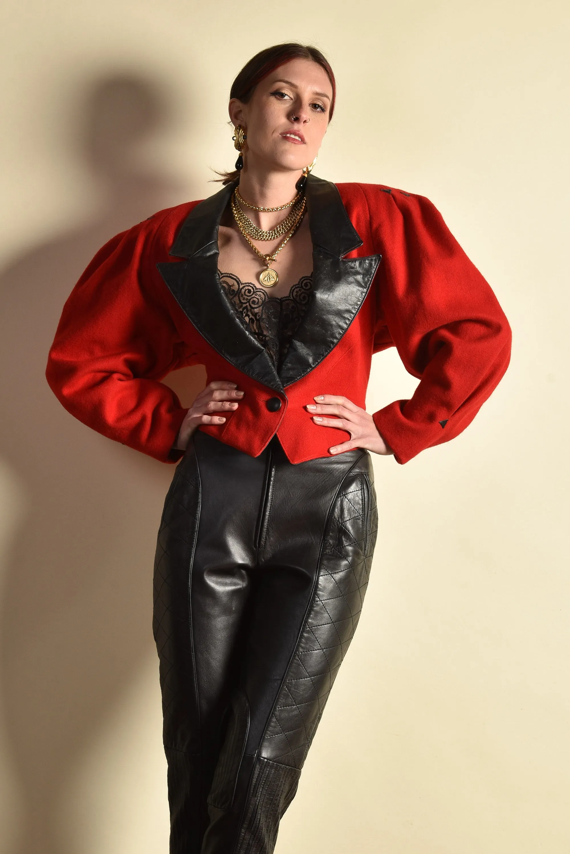 Paula 1980s Leather   Wool Gigot Sleeve Coat