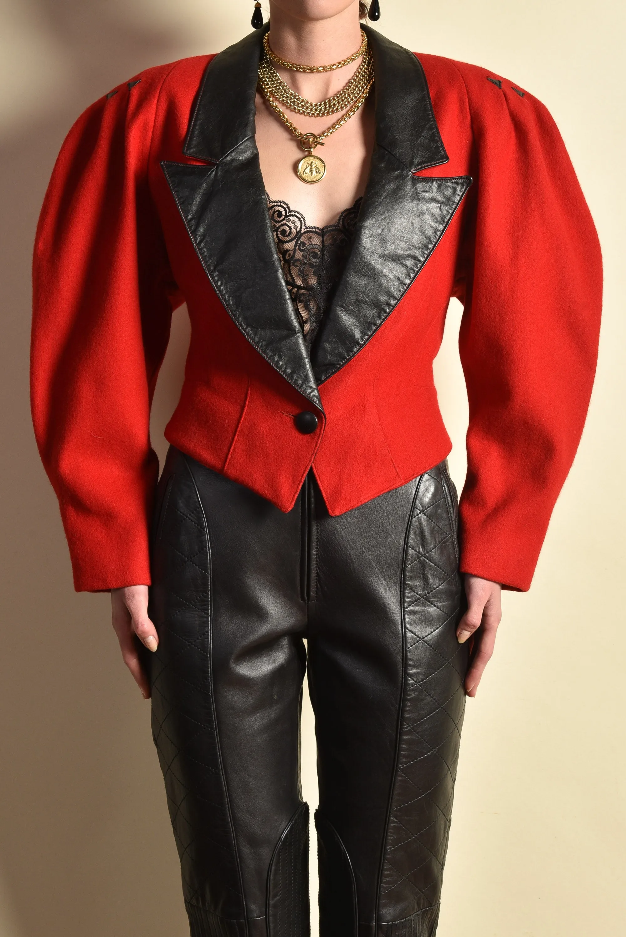 Paula 1980s Leather   Wool Gigot Sleeve Coat
