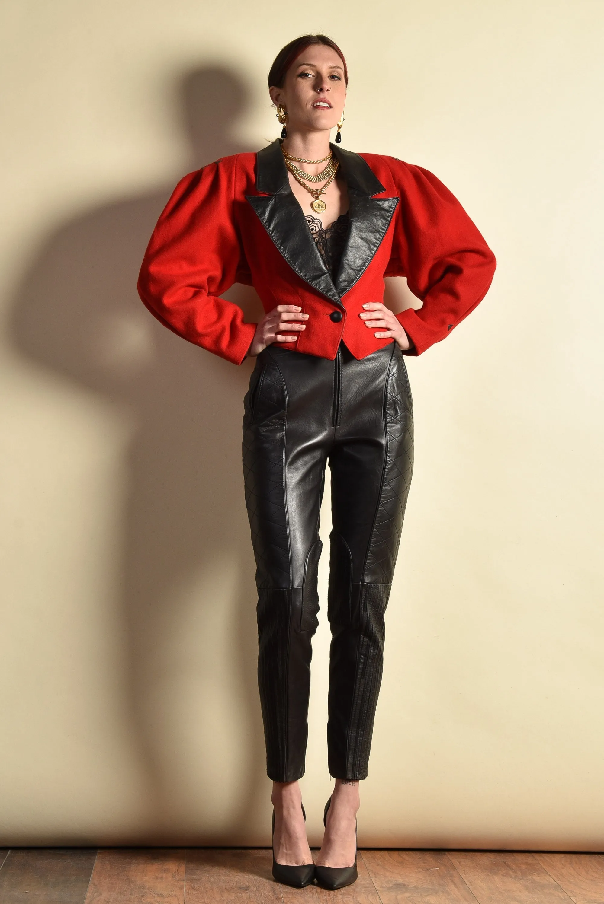 Paula 1980s Leather   Wool Gigot Sleeve Coat