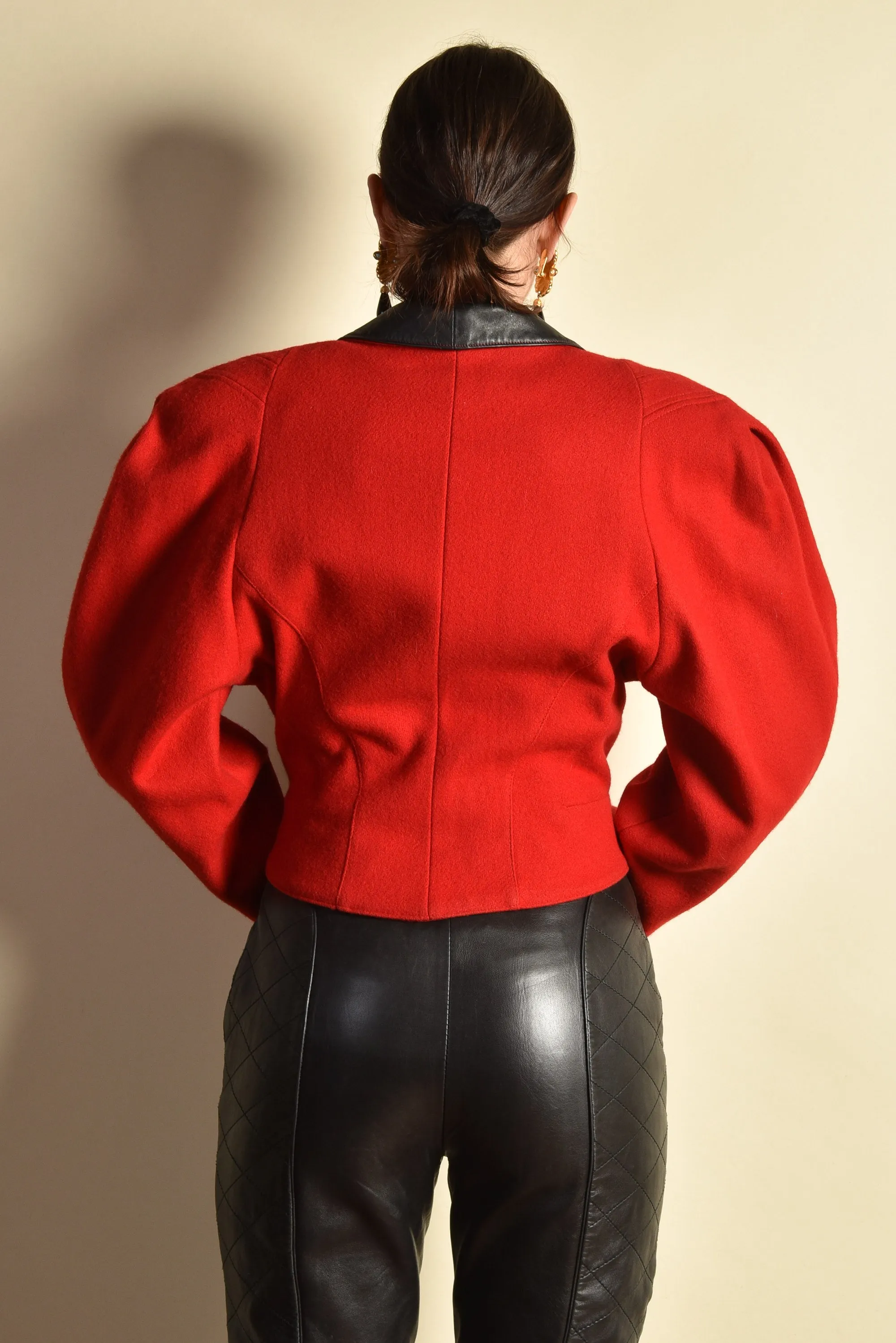 Paula 1980s Leather   Wool Gigot Sleeve Coat