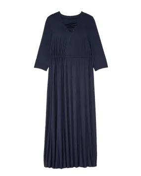 Pearland 3/4 Sleeve Cutout Neck Maxi Dress with Elastic Waist | Navy