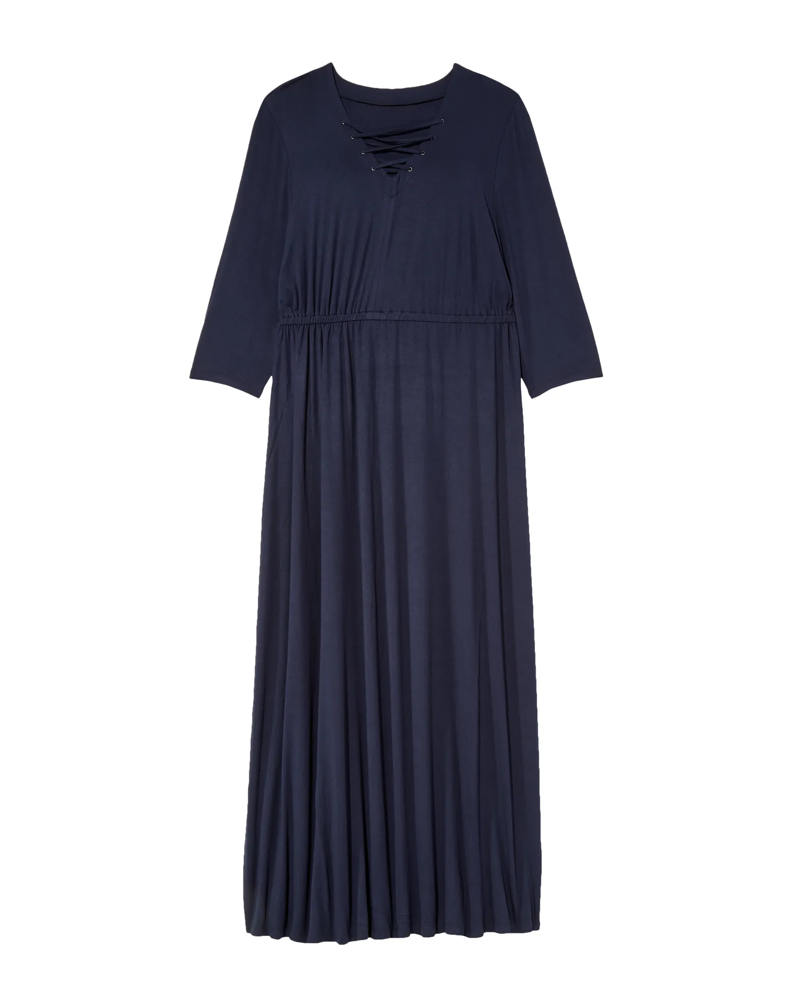 Pearland 3/4 Sleeve Cutout Neck Maxi Dress with Elastic Waist | Navy