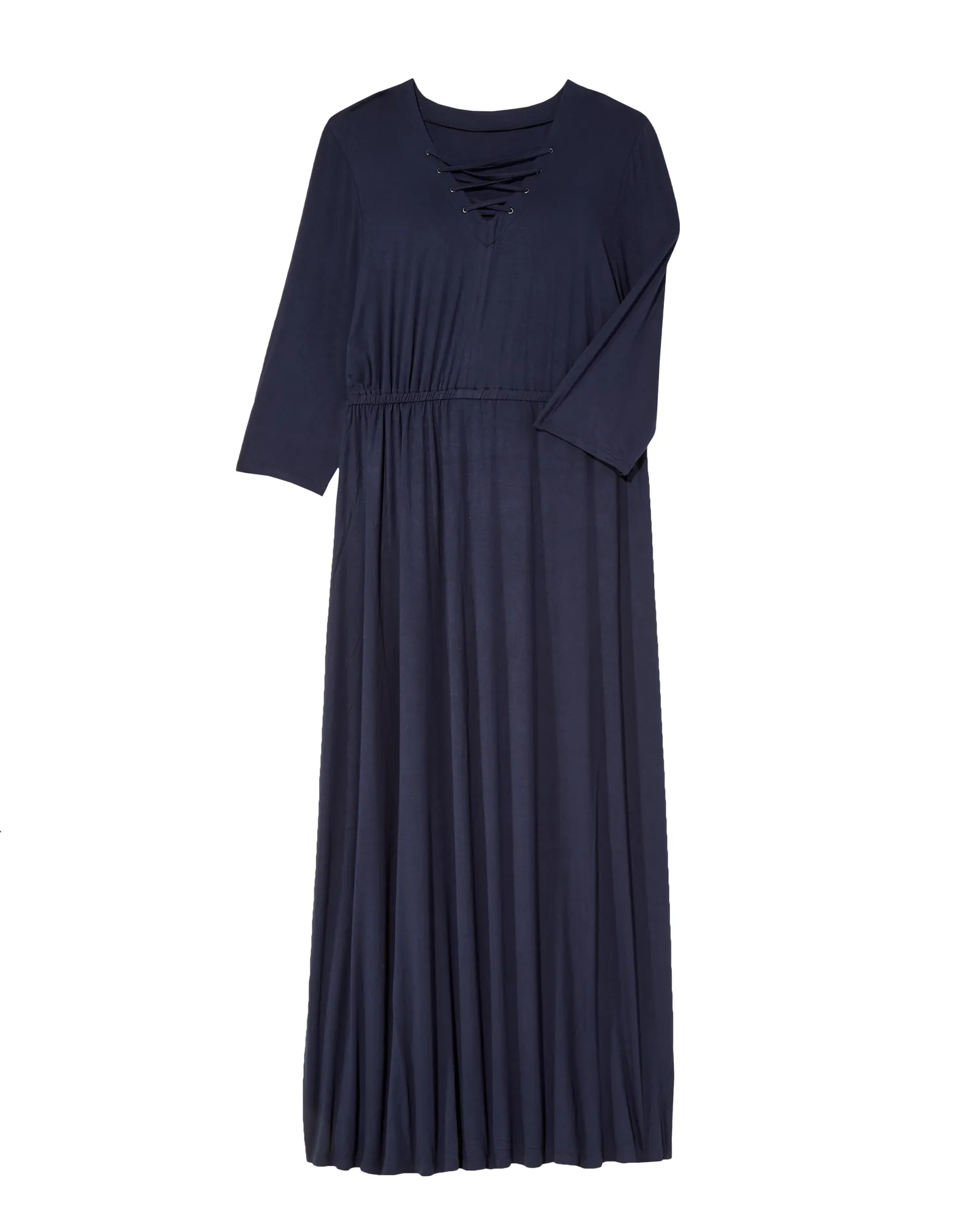 Pearland 3/4 Sleeve Cutout Neck Maxi Dress with Elastic Waist | Navy