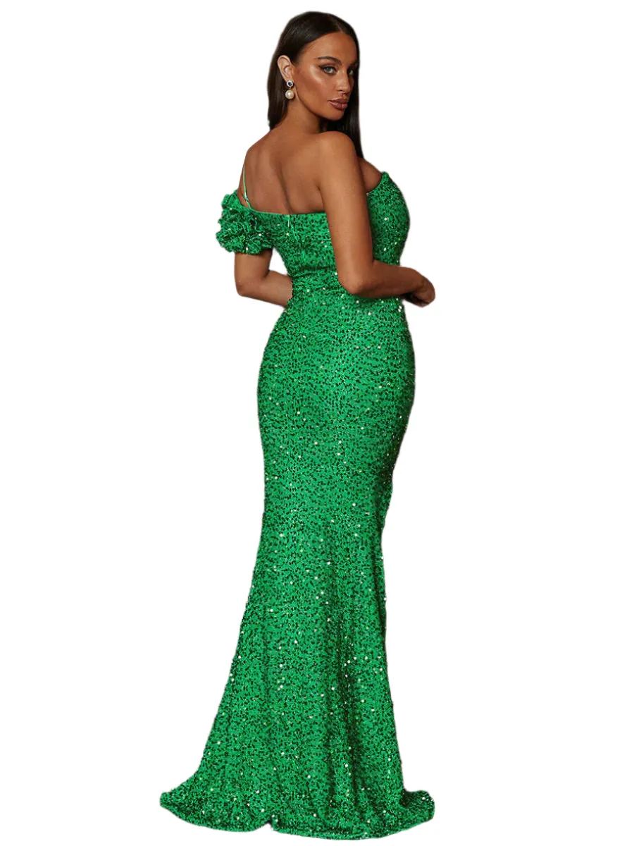 Phoenix One Shoulder Ruffle Sequin Maxi Dress