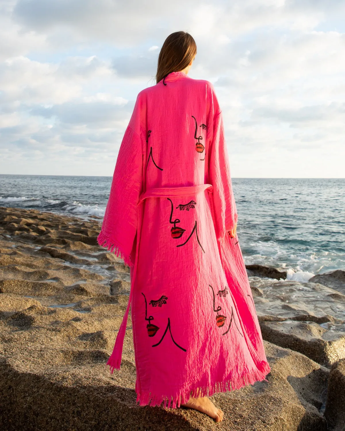Pink Women Face Kimono Robe
