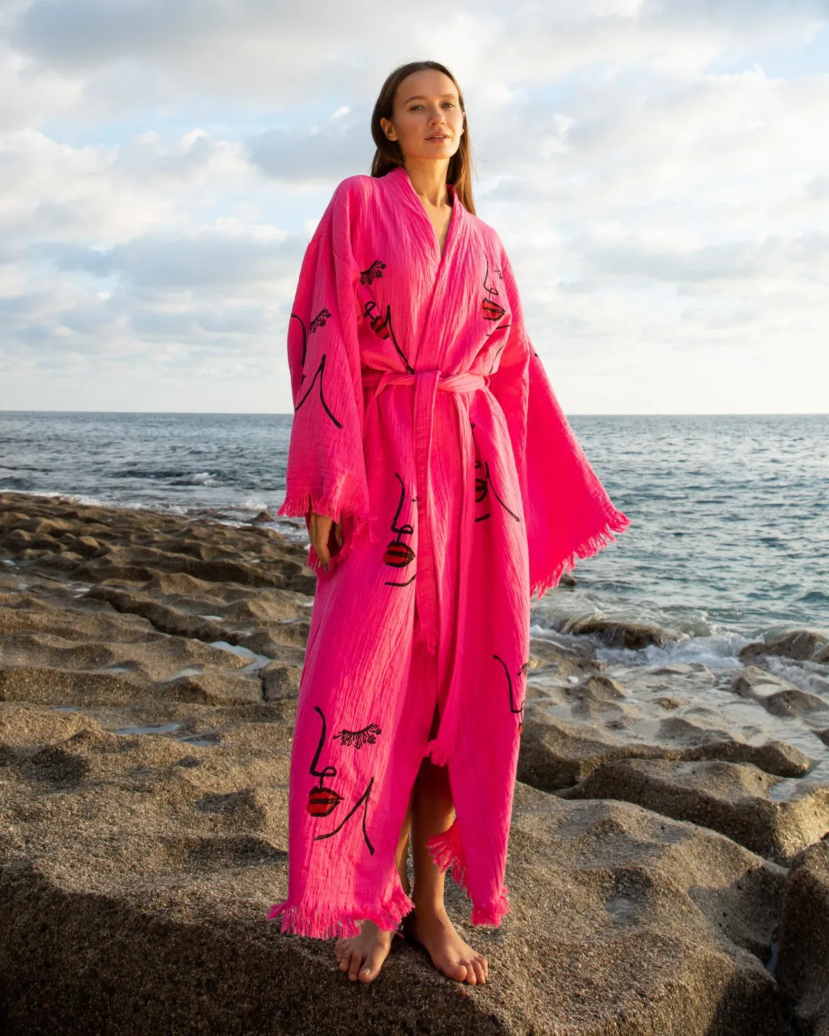 Pink Women Face Kimono Robe