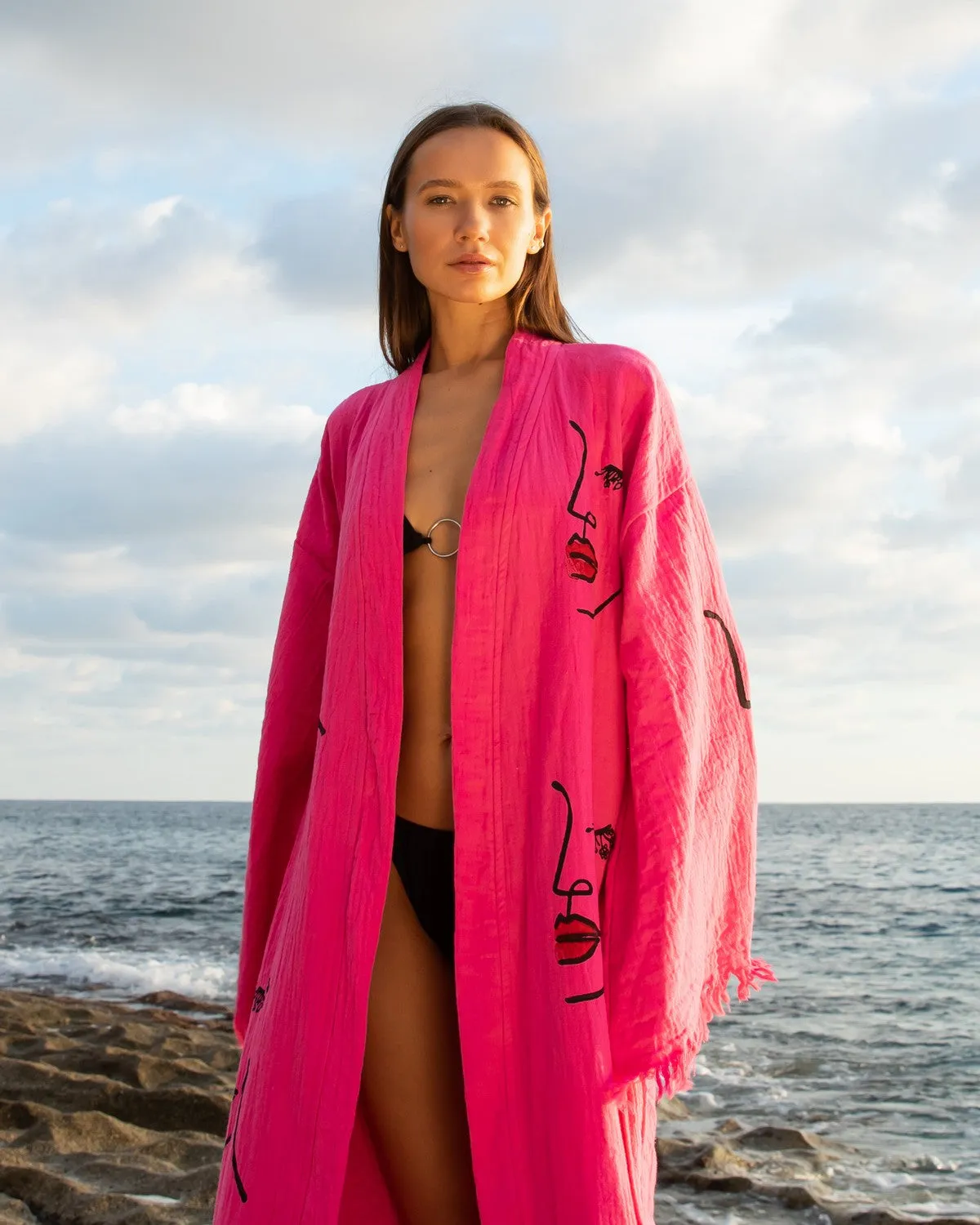 Pink Women Face Kimono Robe
