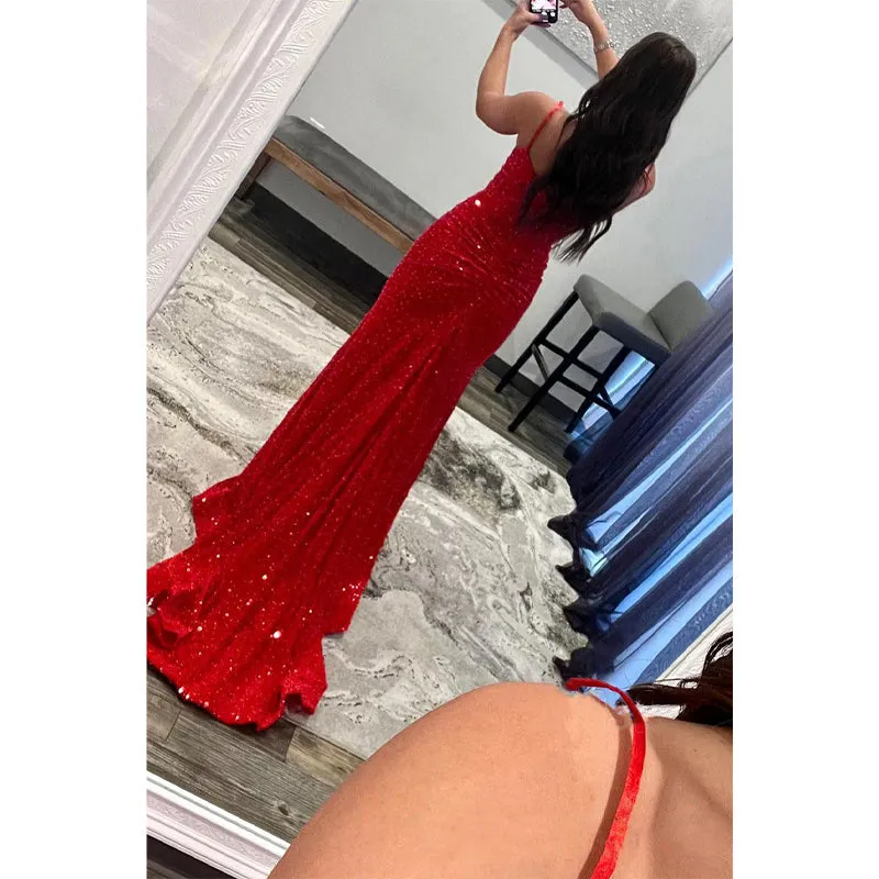 Plunging V-neck Sequins Sparkly Prom Dress