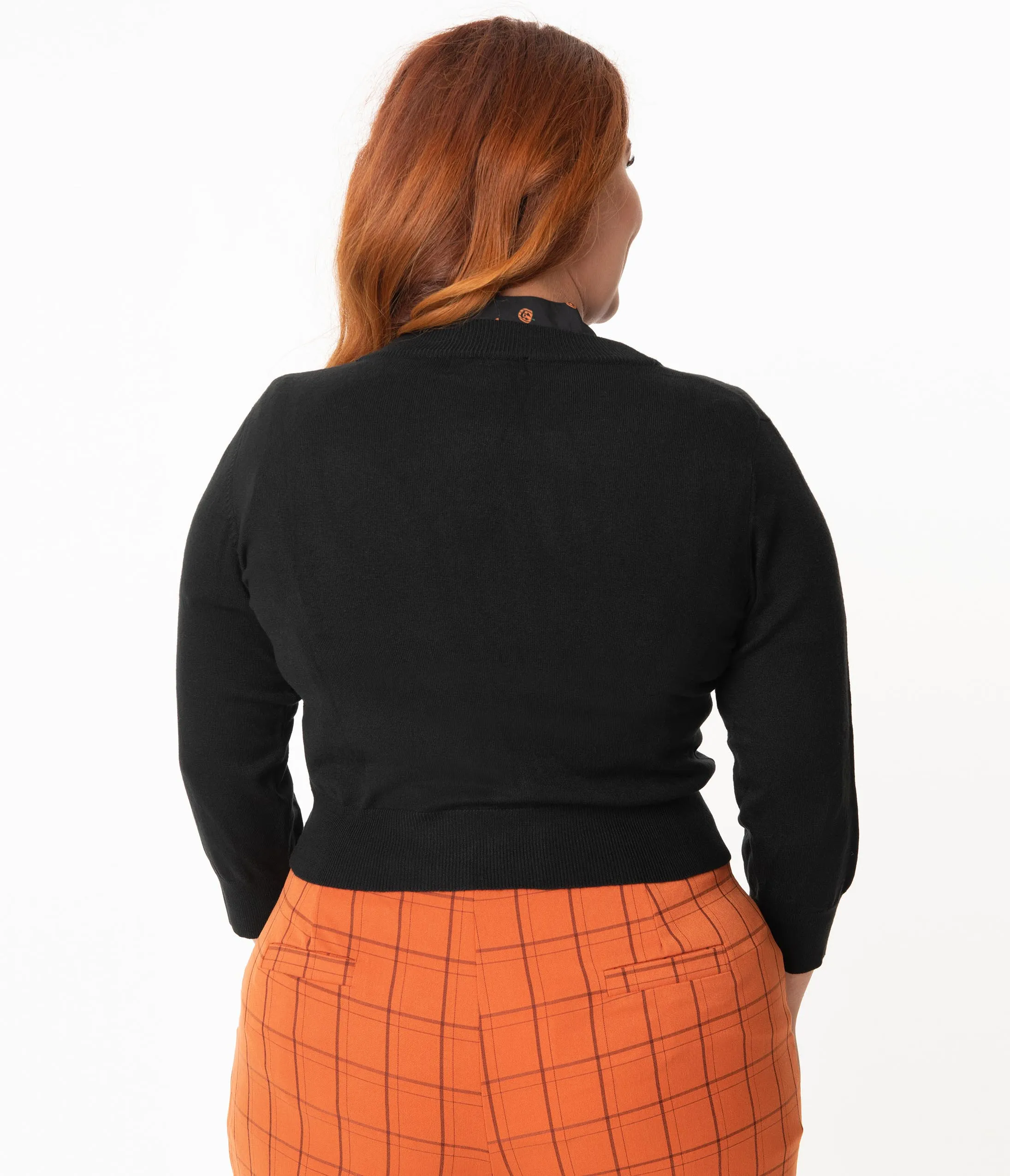 Plus Size Black Three-Quarter Sleeved Button Up Crop Cardigan