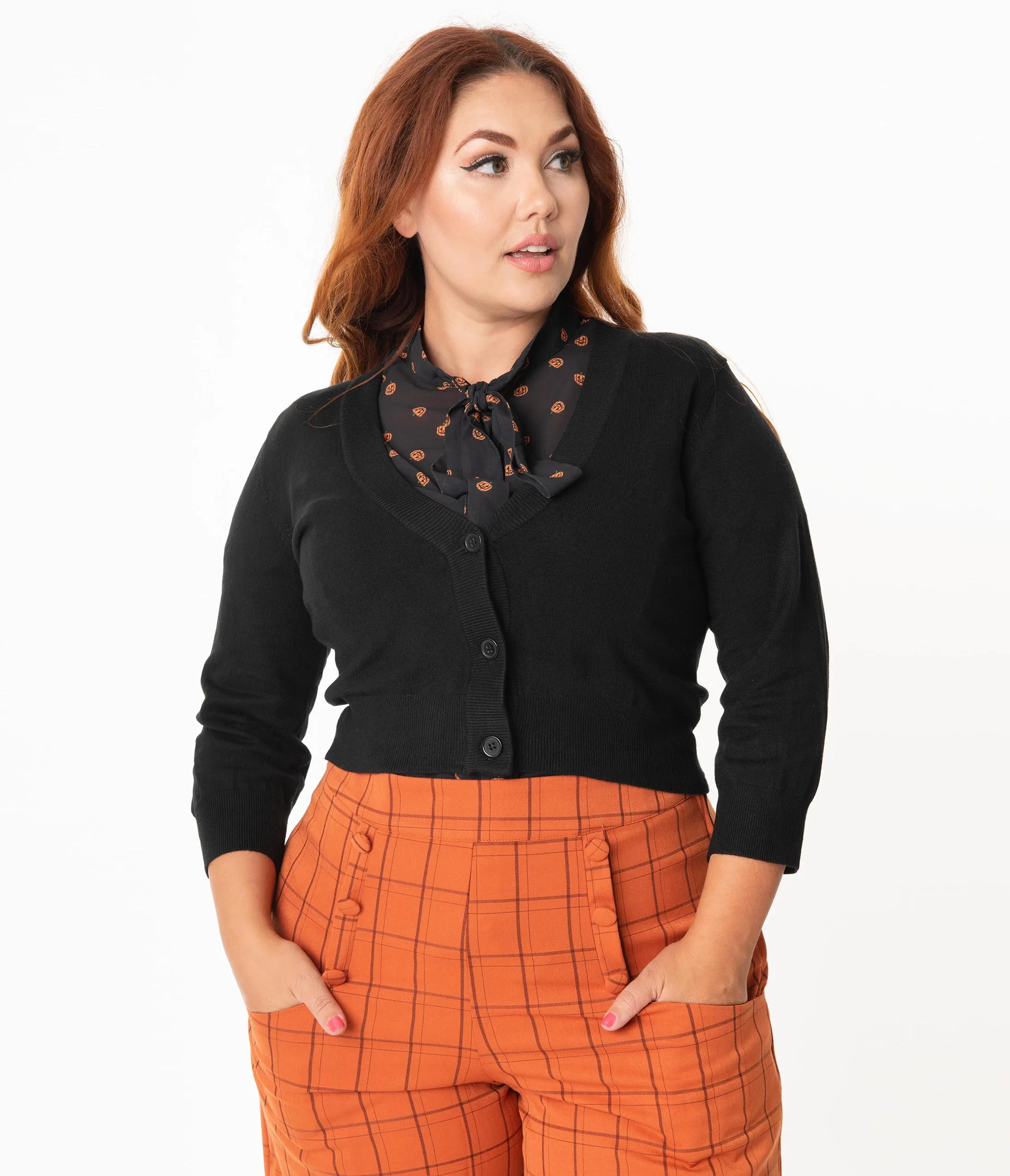 Plus Size Black Three-Quarter Sleeved Button Up Crop Cardigan