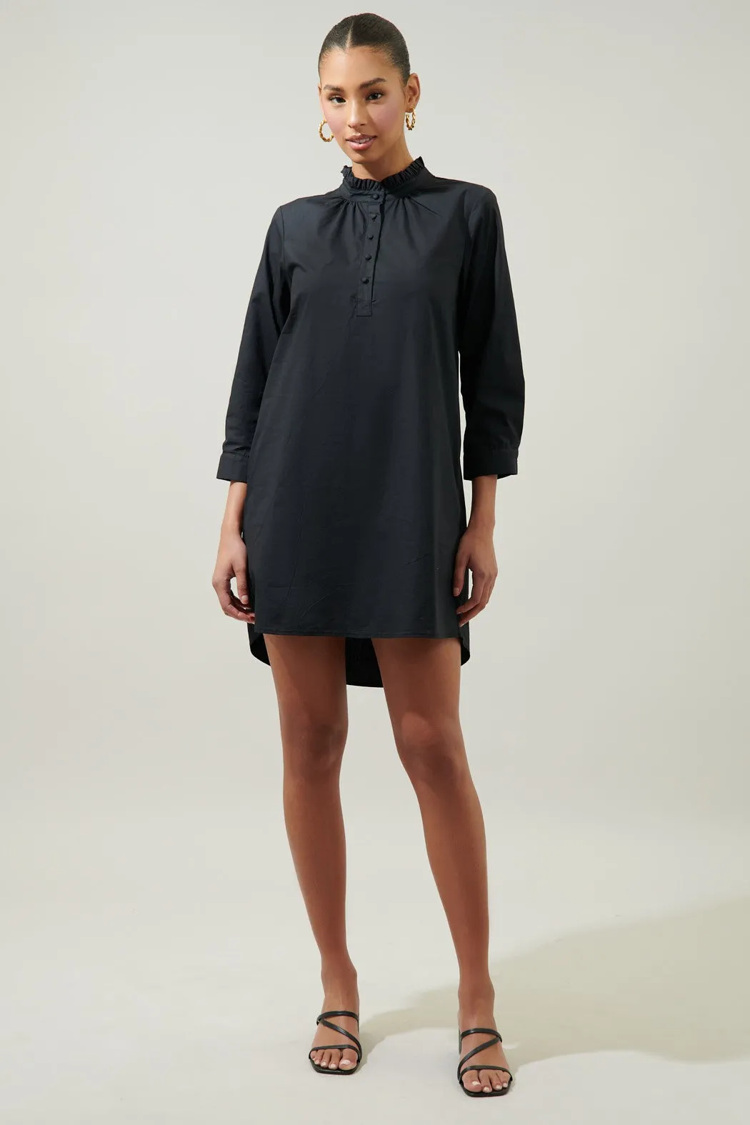 POPLIN COLLARED SHIRT DRESS - BLACK