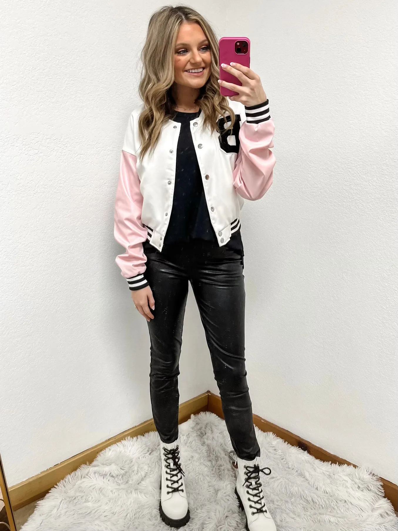 Preppy Letter Jacket- Baby Pink