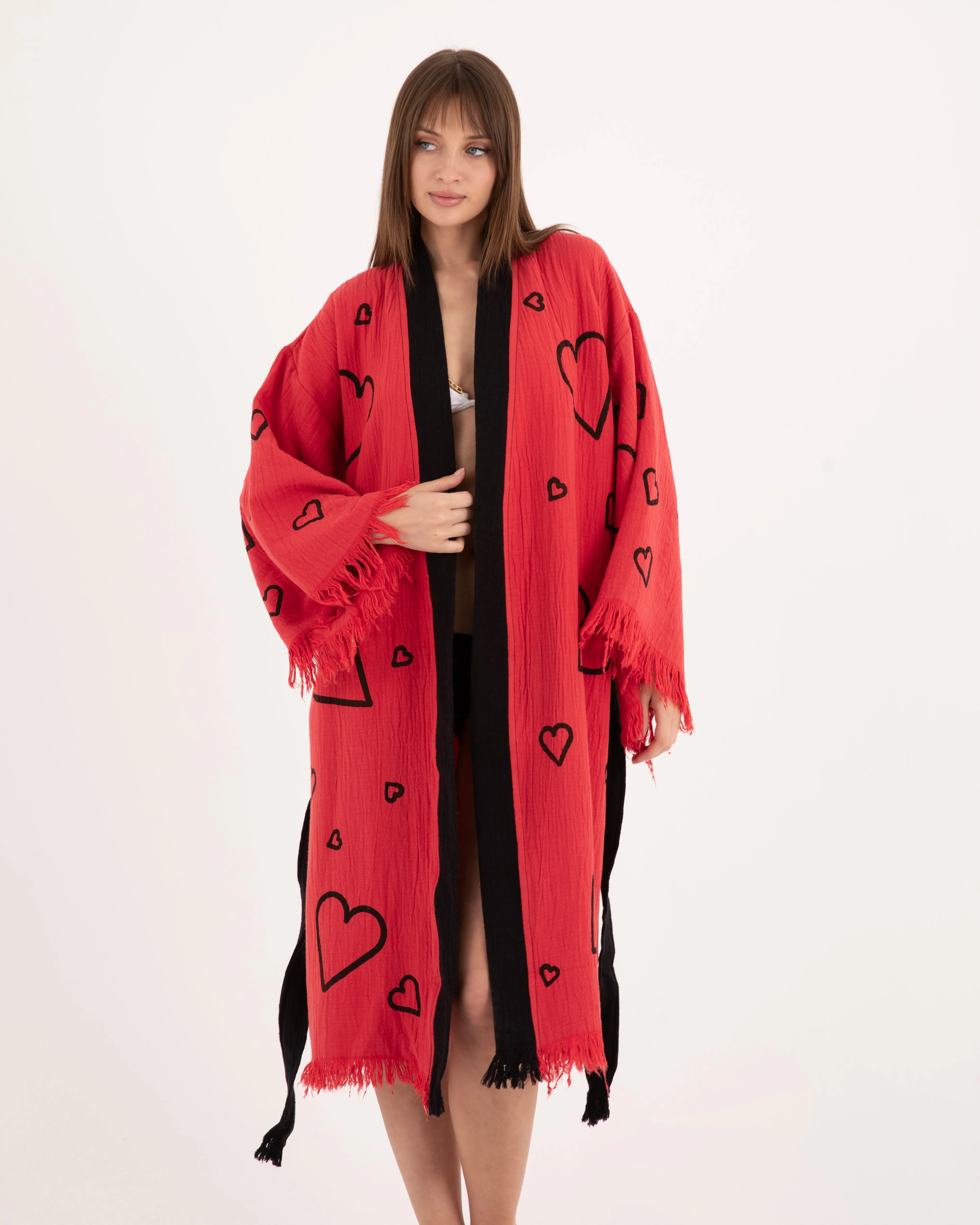 Red Kimono with Black Heart Pattern Robe